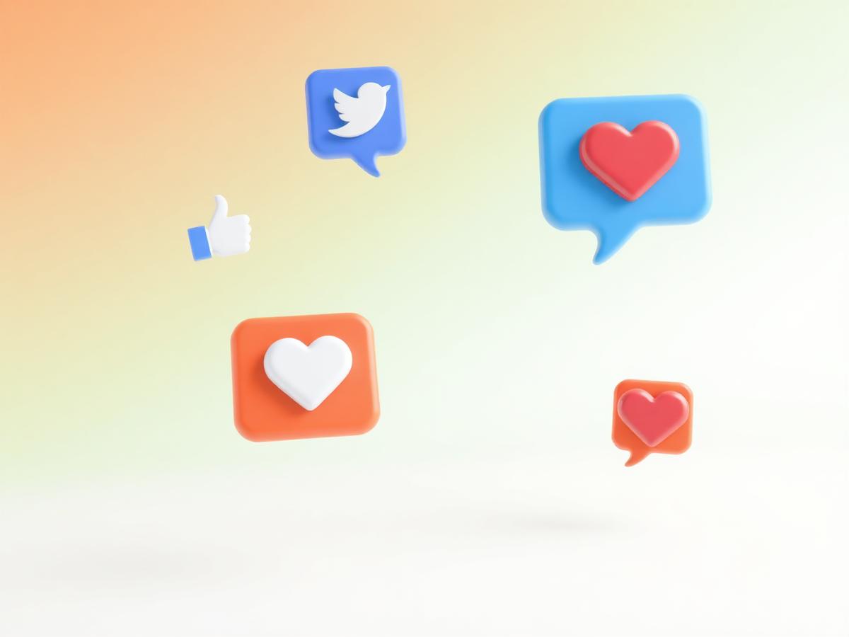 3D floating social media engagement icons
